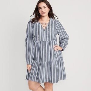NWT Striped Tiered Lace-Up Mini Swing Dress, Blue Stripe Long Sleeve, Large